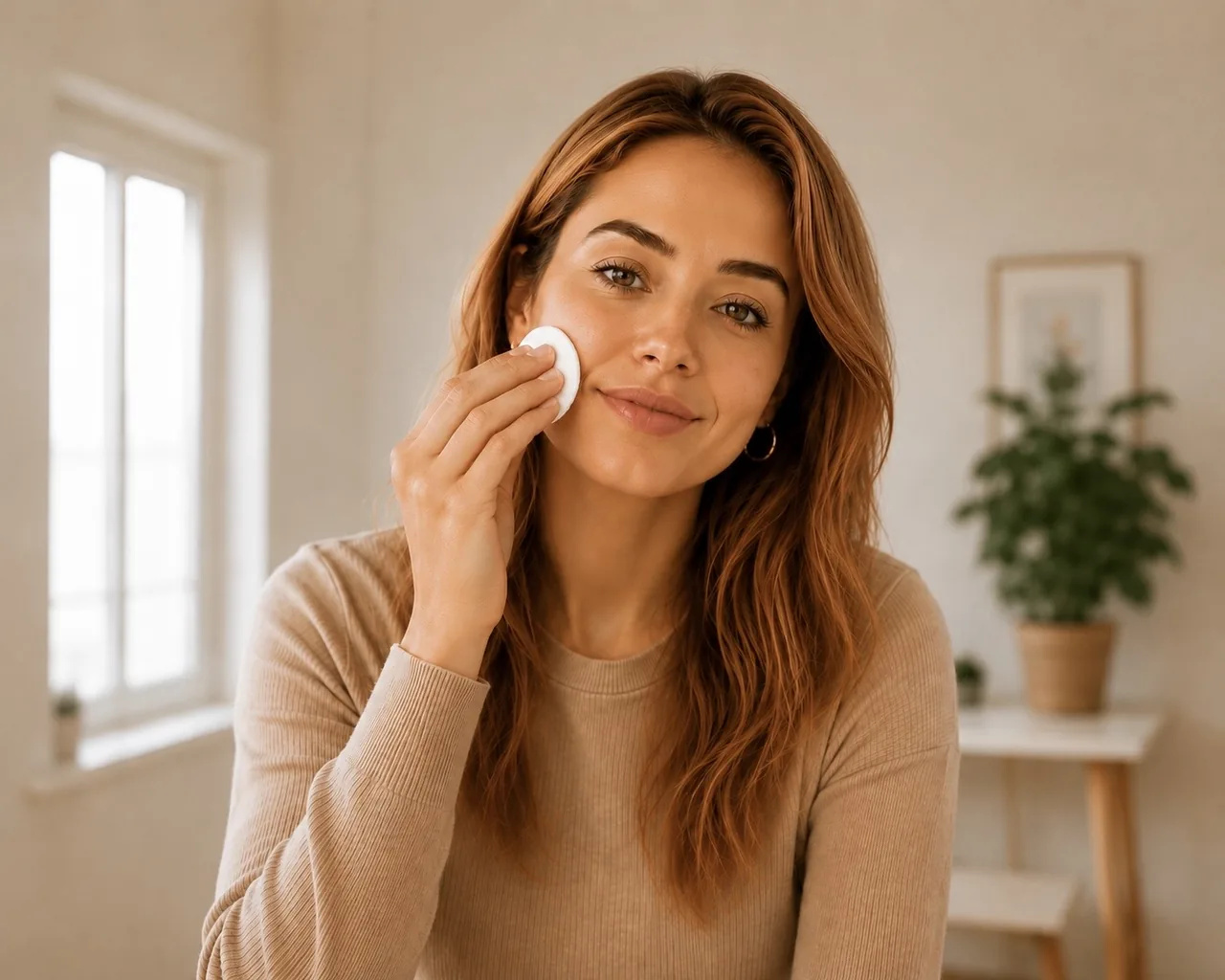 Vrouw verwijdert haar make-up met een wattenschijfje voor een accurate kleuranalyse