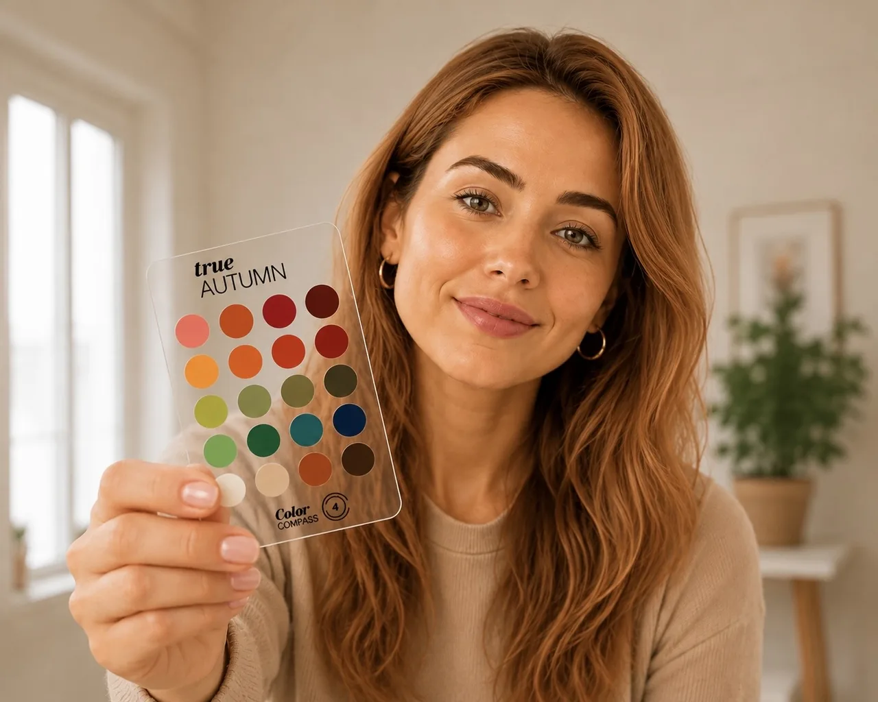 Vrouw houdt haar True Autumn kleurenpas van Color Compass naast haar gezicht